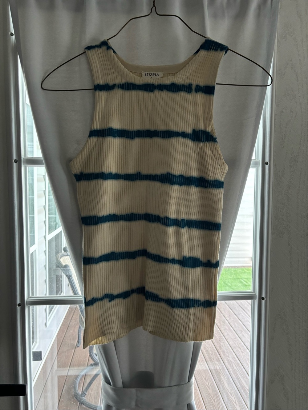 Storia Cream Ribbed Tank with Teal Stripe Detail